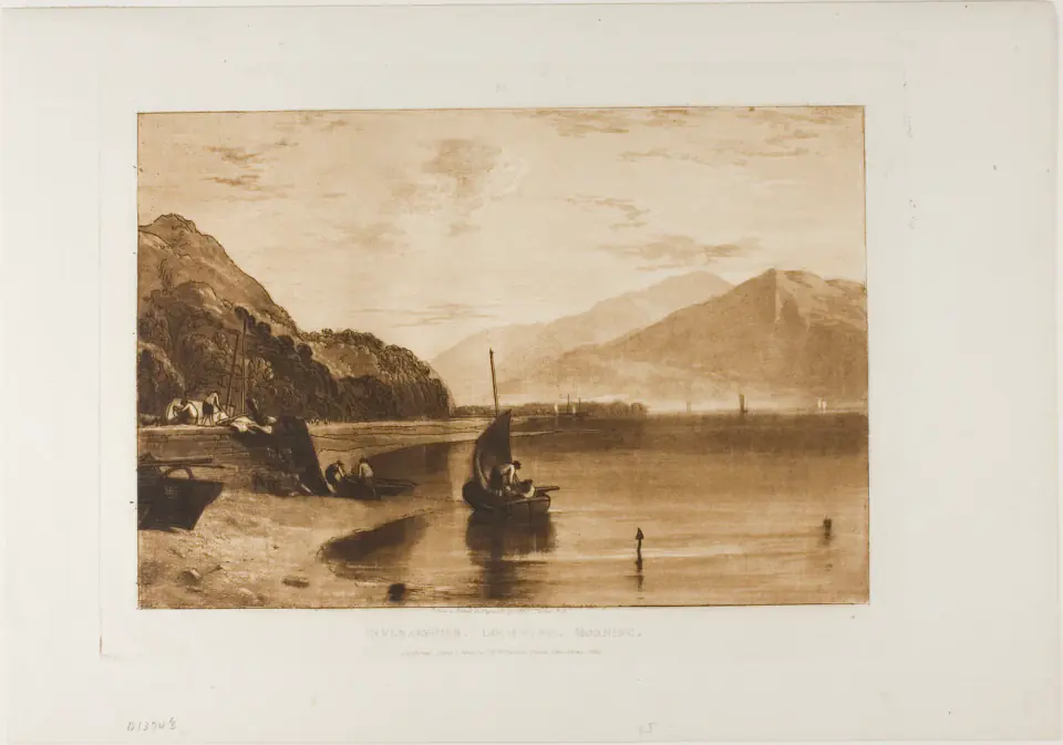 Turner’s brown-toned view of boats at Inverary Pier with still water and mountains fading into morning light