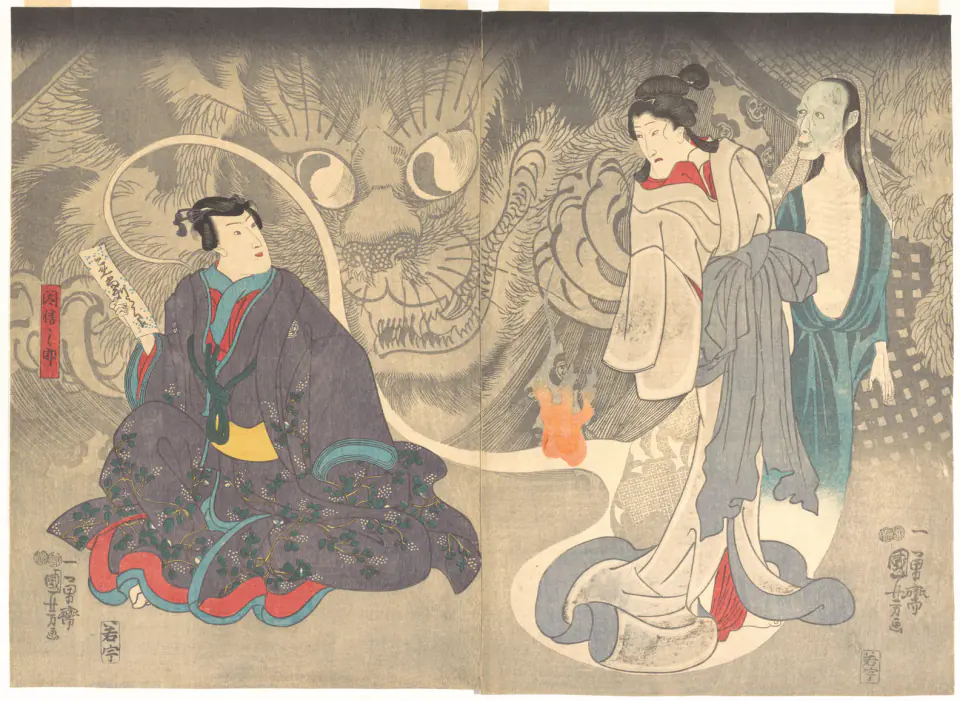A giant spectral cat looms behind actors in Kuniyoshi’s Okazaki Cat Demon diptych