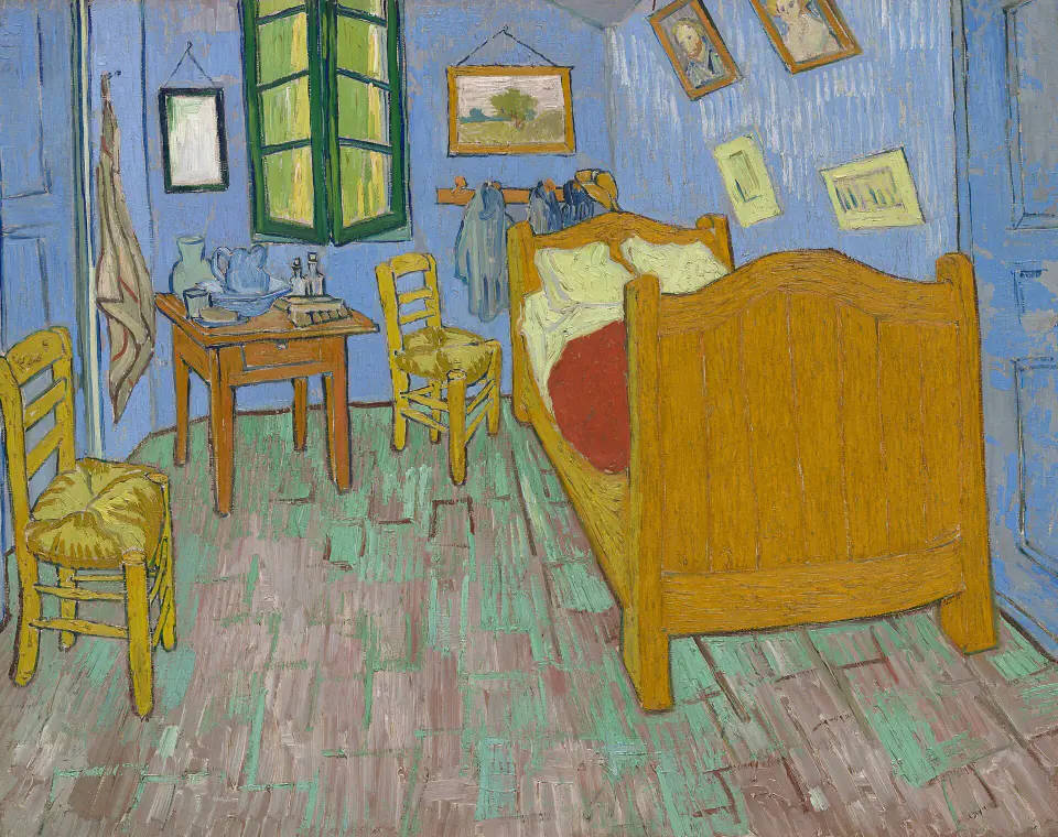 Vincent van Gogh’un 1889 tarihli Yatak Odası tablosu; keskin açılı mavi odada sarı yatak ve sandalyeler görülüyor.