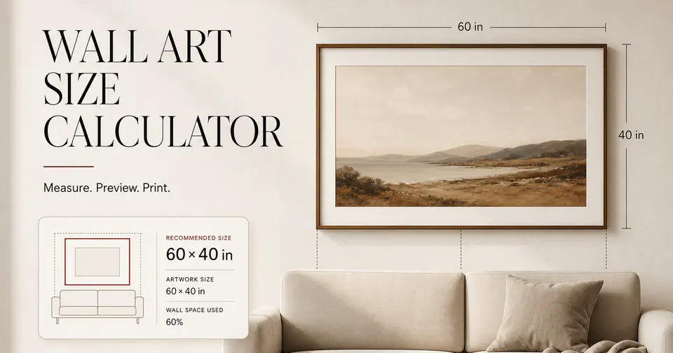 A framed 60 by 40 inch landscape print above a sofa, with wall-art size measurements and a recommendation panel.