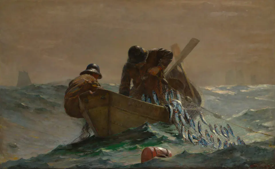 Two fishermen hauling a shining herring net into a small boat on a rough grey-green sea in Winslow Homer’s The Herring Net