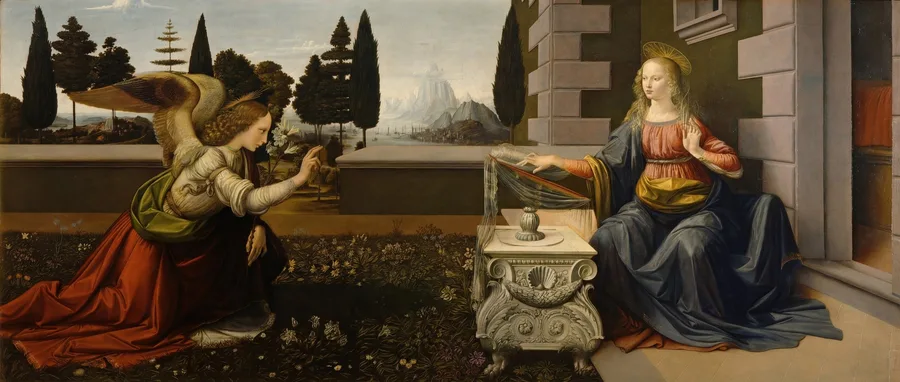 Annunciation (c. 1472–1476), Leonardo da Vinci — restored fine-art print