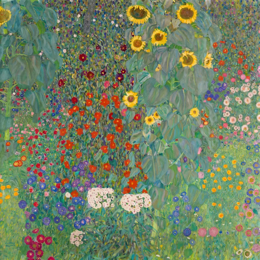 Farm Garden with Sunflowers (1907), Gustav Klimt — restored fine-art print