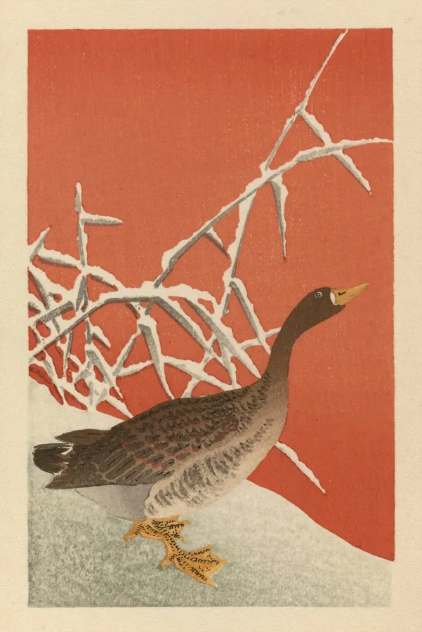Goose and Reeds in Snow (c. 1910s), Ohara Koson — restored fine-art print