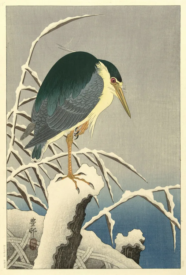 Heron in Snow (c. 1910s), Ohara Koson — restored fine-art print