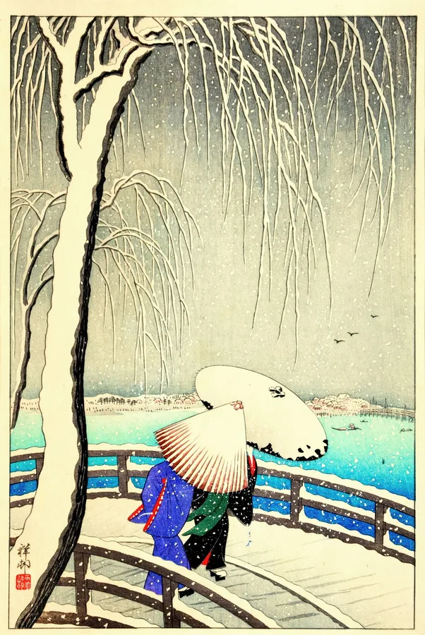Two Women in Snow on Yanagi Bridge (1927), Ohara Koson — restored fine-art print