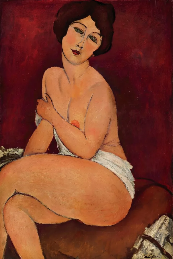 Nude Sitting on a Divan (1917), Amedeo Modigliani — restored fine-art print