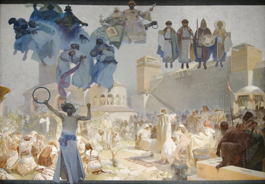 The Introduction of the Slavonic Liturgy (1912), Alphonse Mucha — restored fine-art print