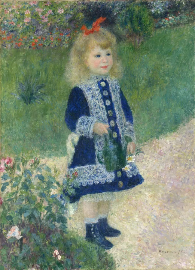 A Girl with a Watering Can (1876), Pierre-Auguste Renoir — restored fine-art print