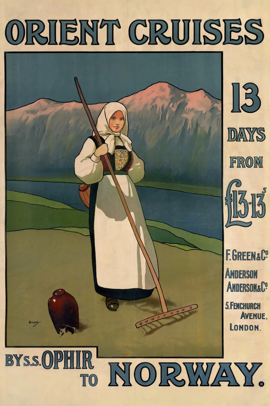 Orient Cruises by S.S. Ophir to Norway (c. 1901), John Hassall — restored fine-art print