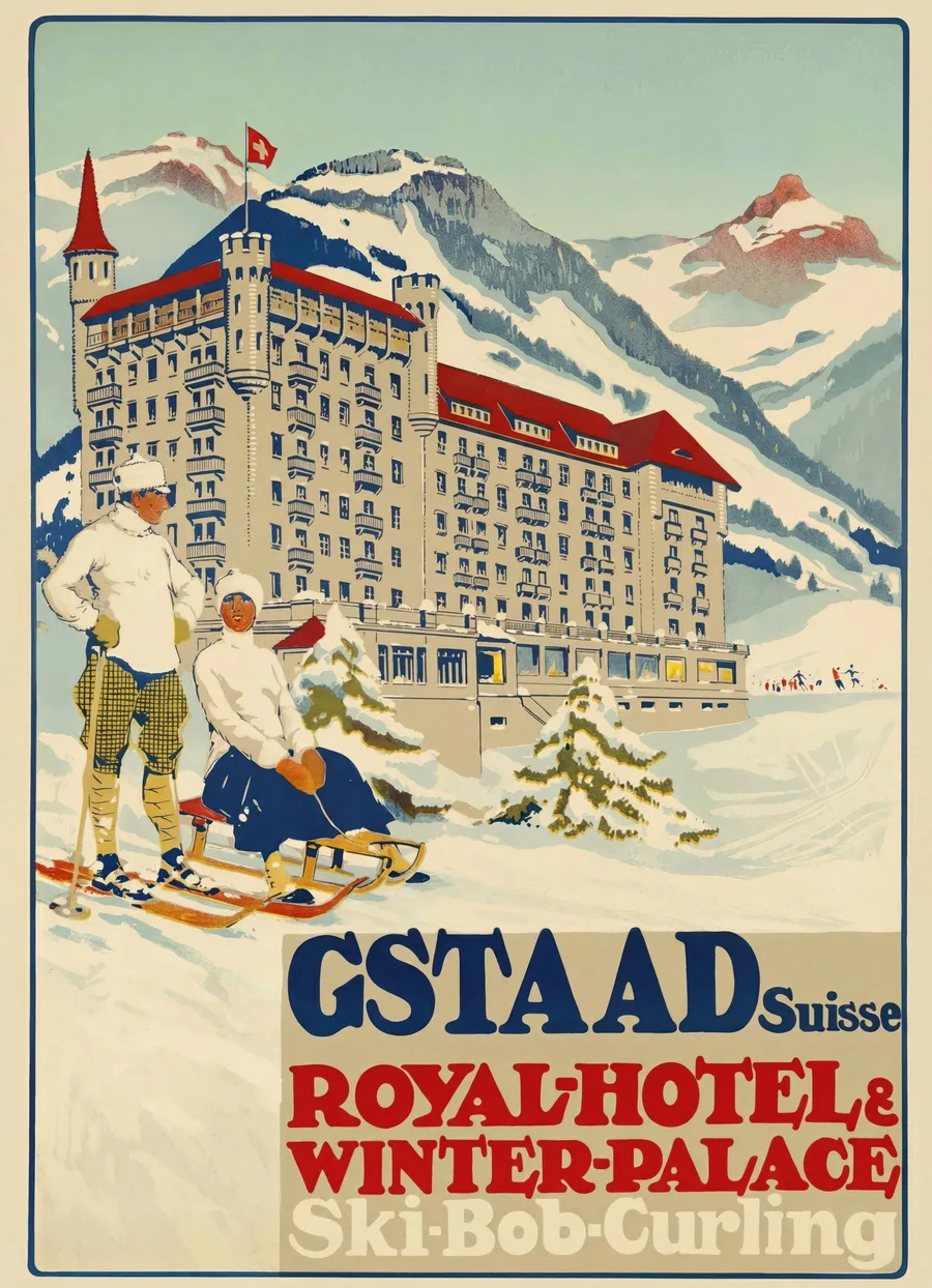 Gstaad – Royal Hôtel & Winter Palace (1913), Attributed to Carlo Pellegrini — restored fine-art print