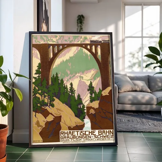 Rhätische Bahn — Wiesen Viaduct (1909), Walther Koch — restored fine-art print