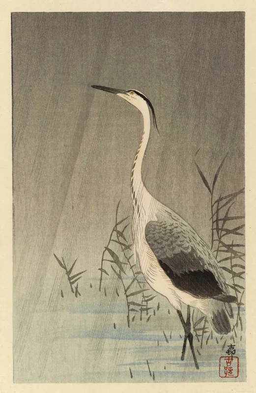 Heron in Shallow Water in Rain (c. 1910s) by Ohara Koson — free 4K wallpaper