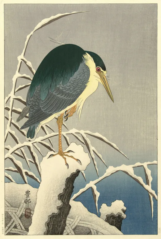 Heron in Snow (c. 1910s) by Ohara Koson — free 4K wallpaper