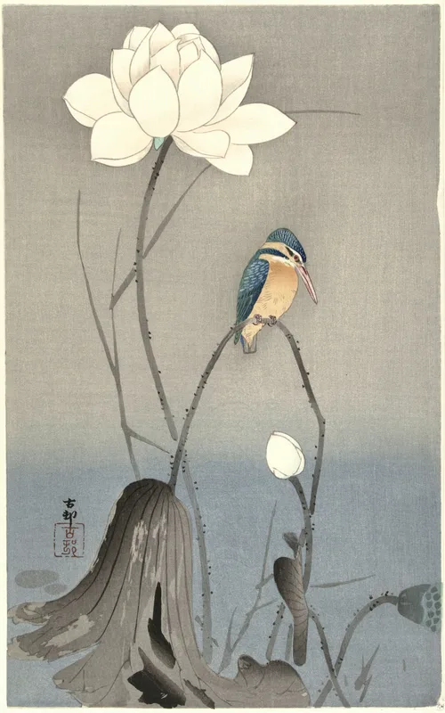 Kingfisher with Lotus Flower (c. 1910s) by Ohara Koson — free 4K wallpaper