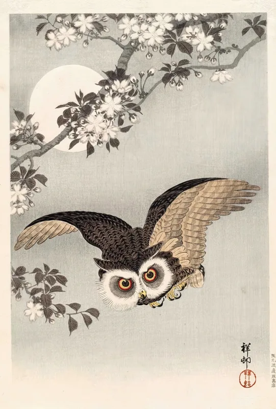 Koson free wallpapers — Scops Owl, Cherry Blossoms and Moon