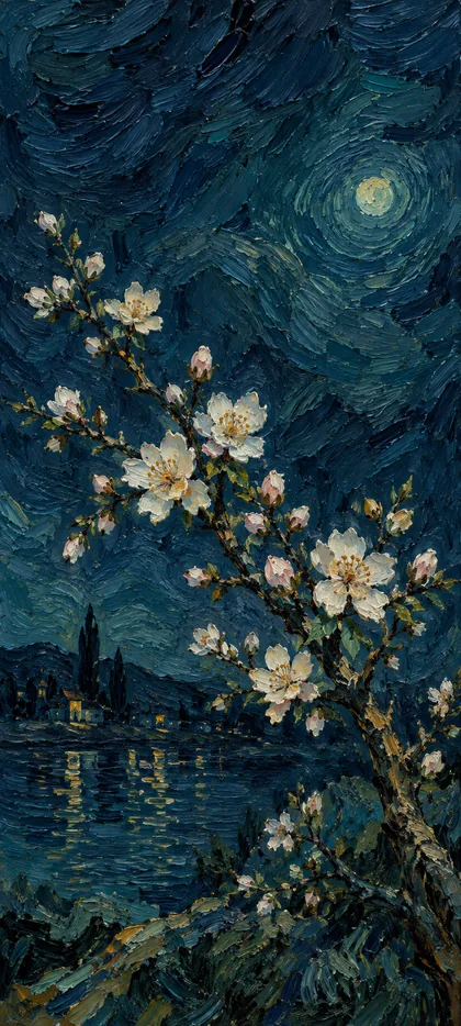 White almond blossoms on branching stems above a tiny waterside village, with a pale moon in a deep teal night sky.