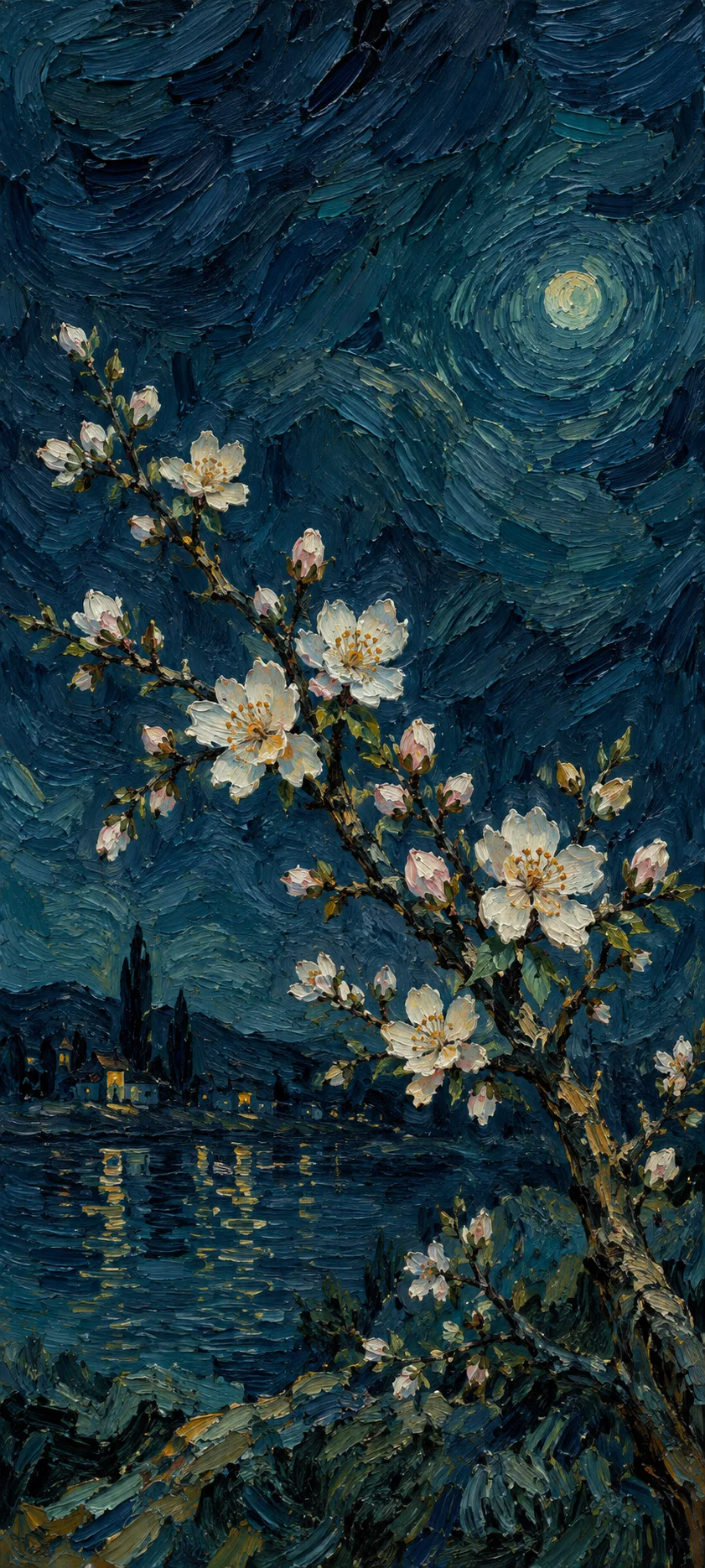 White almond blossoms on branching stems above a tiny waterside village, with a pale moon in a deep teal night sky.