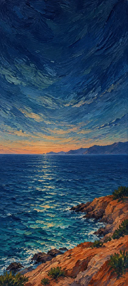 A terracotta headland beside cobalt-blue sea and turquoise reflections, under a deep blue textured sky.
