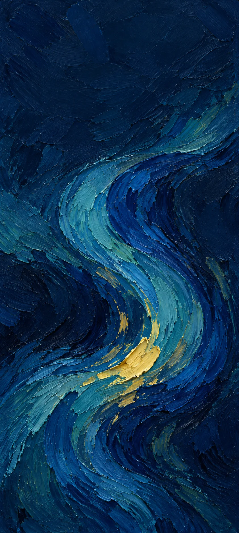 An abstract S-shaped sweep of cobalt and turquoise brushstrokes with small yellow accents on a navy field.