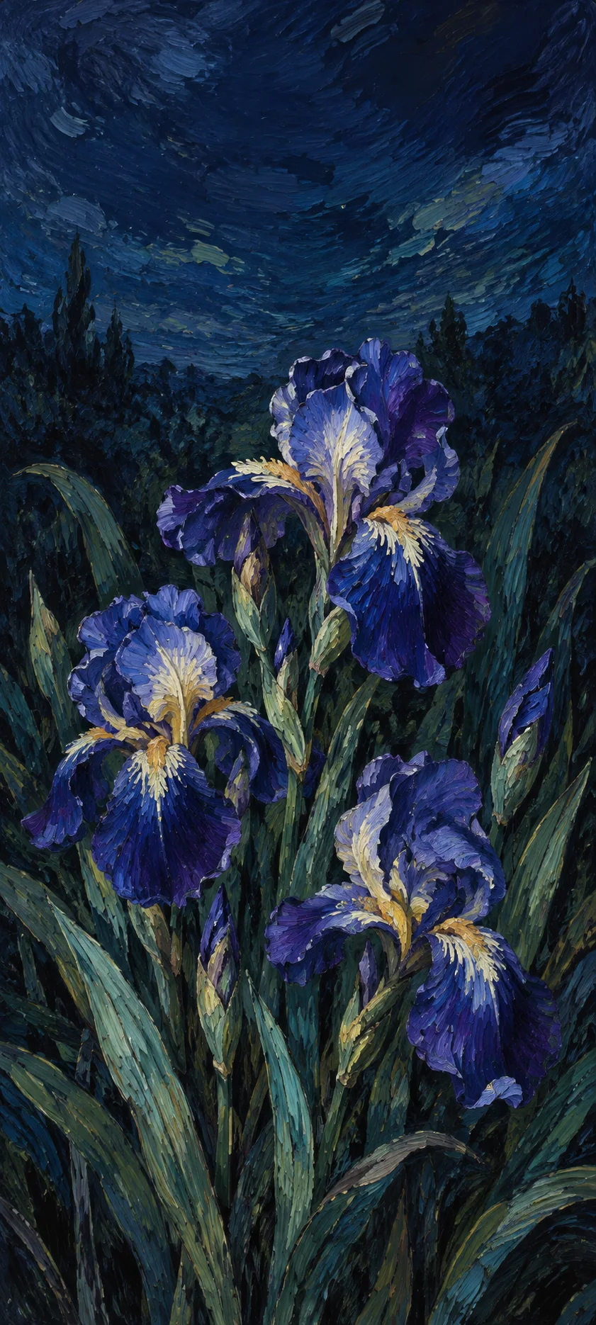 Violet and cobalt irises with ivory petal highlights and green leaves against a dark blue painted sky.