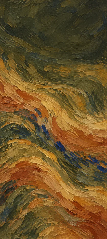 Abstract curved bands of ochre, warm clay and dusty olive brushstrokes beneath a dark olive painted field.