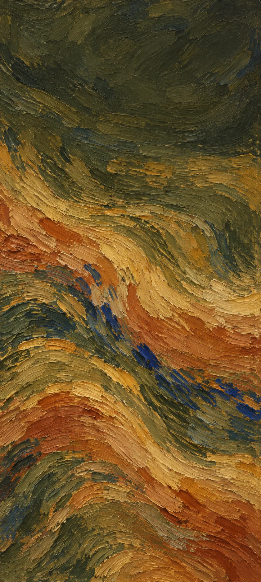 Abstract curved bands of ochre, warm clay and dusty olive brushstrokes beneath a dark olive painted field.
