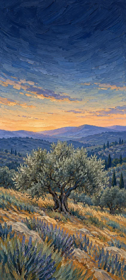 A sage-green olive tree amid ochre grasses, with lavender hills and an apricot dawn beneath a blue painted sky.