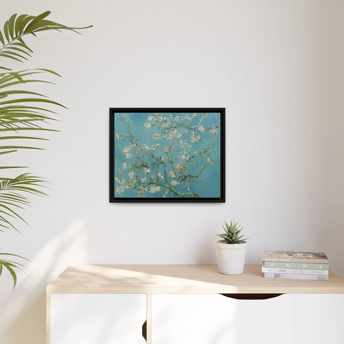 Digital styling mockup of Van Gogh’s Almond Blossom: framed canvas in a room, 20 by 16 inches.