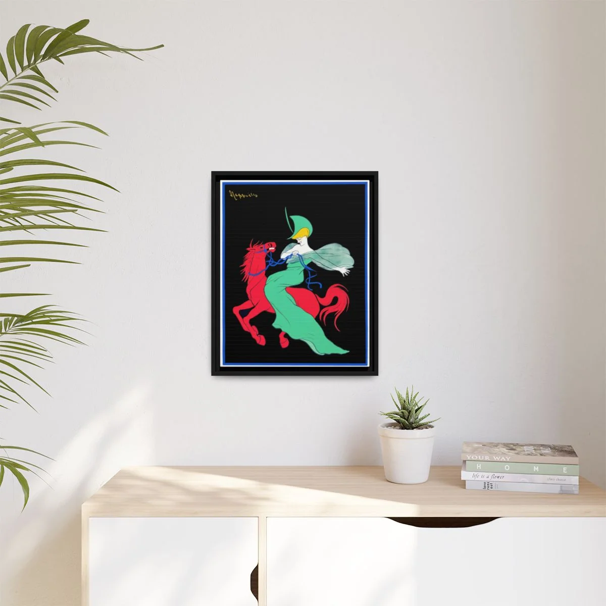 Digital styling mockup of Cappiello’s Chocolat Klaus — blue-bordered version without advertising lettering: framed canvas in a room, 16 by 20 inches.