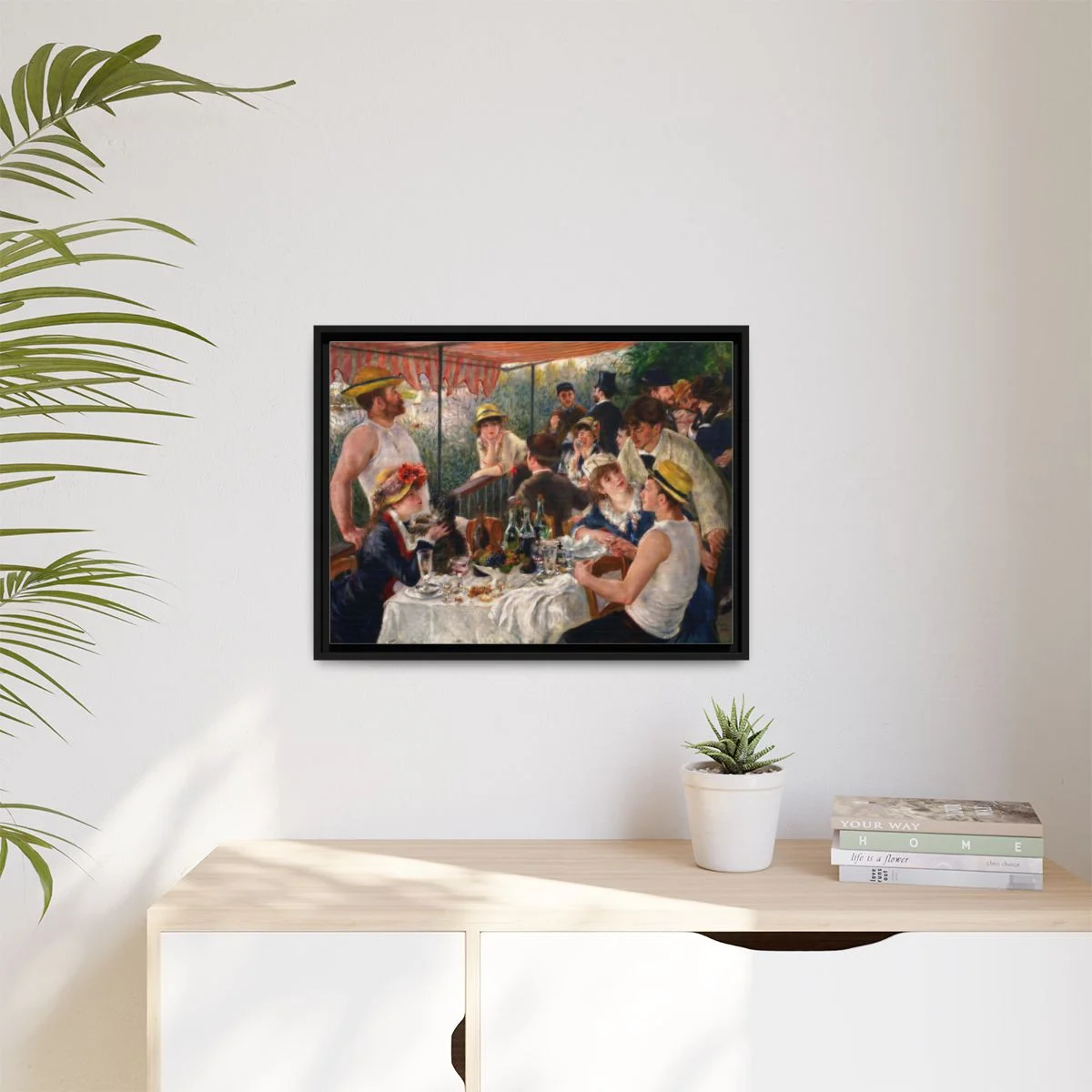 Digital styling mockup of Renoir’s Luncheon of the Boating Party: framed canvas in a room, 24 by 18 inches.