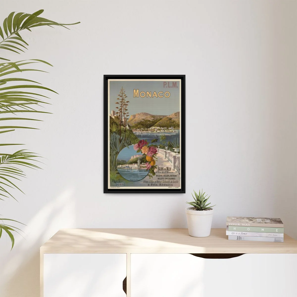 Digital styling mockup of Monaco — Bains de Mer d’Été & d’Hiver: framed canvas in a room, 16 by 24 inches.