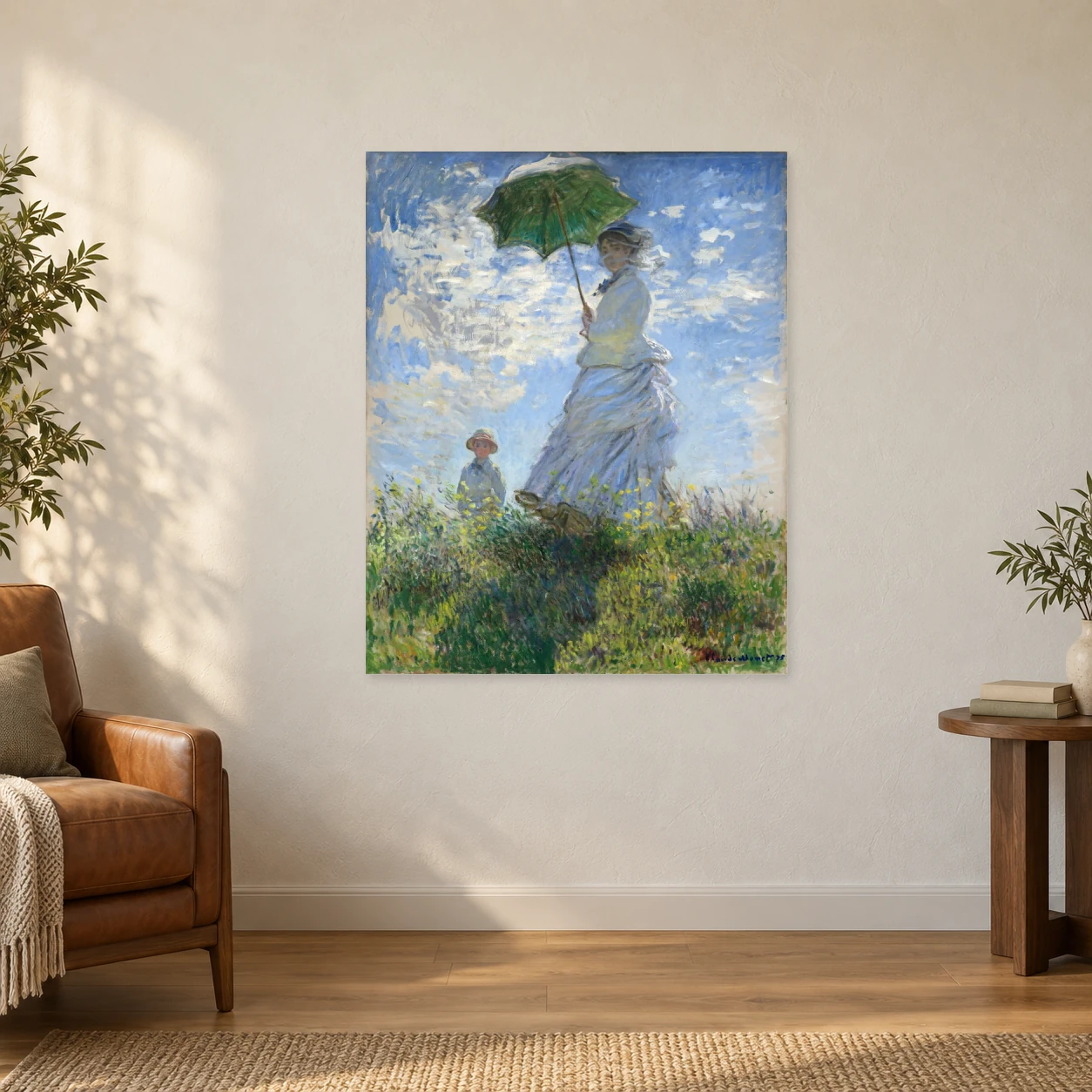 Digital styling mockup of the complete Monet artwork on a warm wall beside a leather chair and walnut side table.