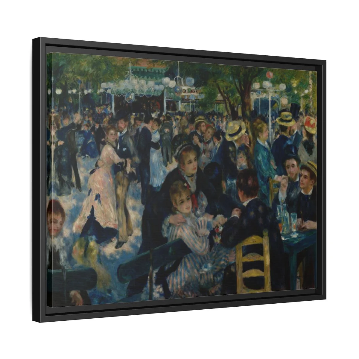 Digital styling mockup of Renoir’s Dance at Le Moulin de la Galette: black frame detail, 24 by 18 inches.