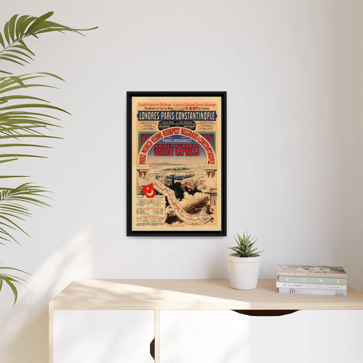 Digital styling mockup of Orient-Express — Londres–Paris–Constantinople: framed canvas in a room, 16 by 24 inches.