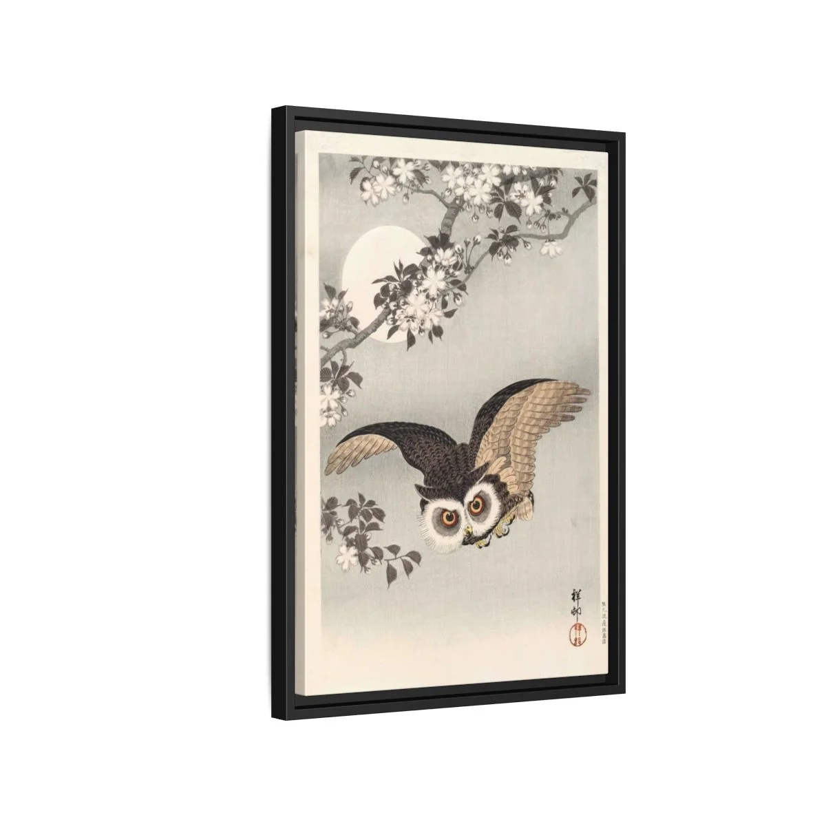 Digital styling mockup of Koson’s Scops Owl, Cherry Blossoms and Moon: black frame detail, 16 by 24 inches.