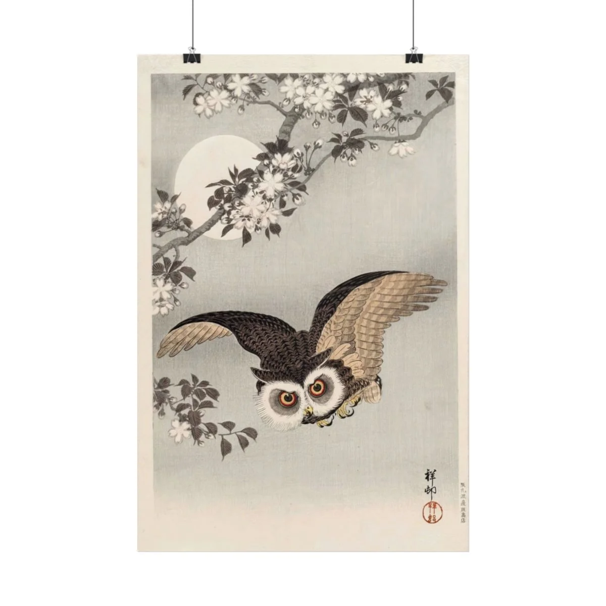 Digital styling mockup of Koson’s Scops Owl, Cherry Blossoms and Moon: paper print, 16 by 24 inches.