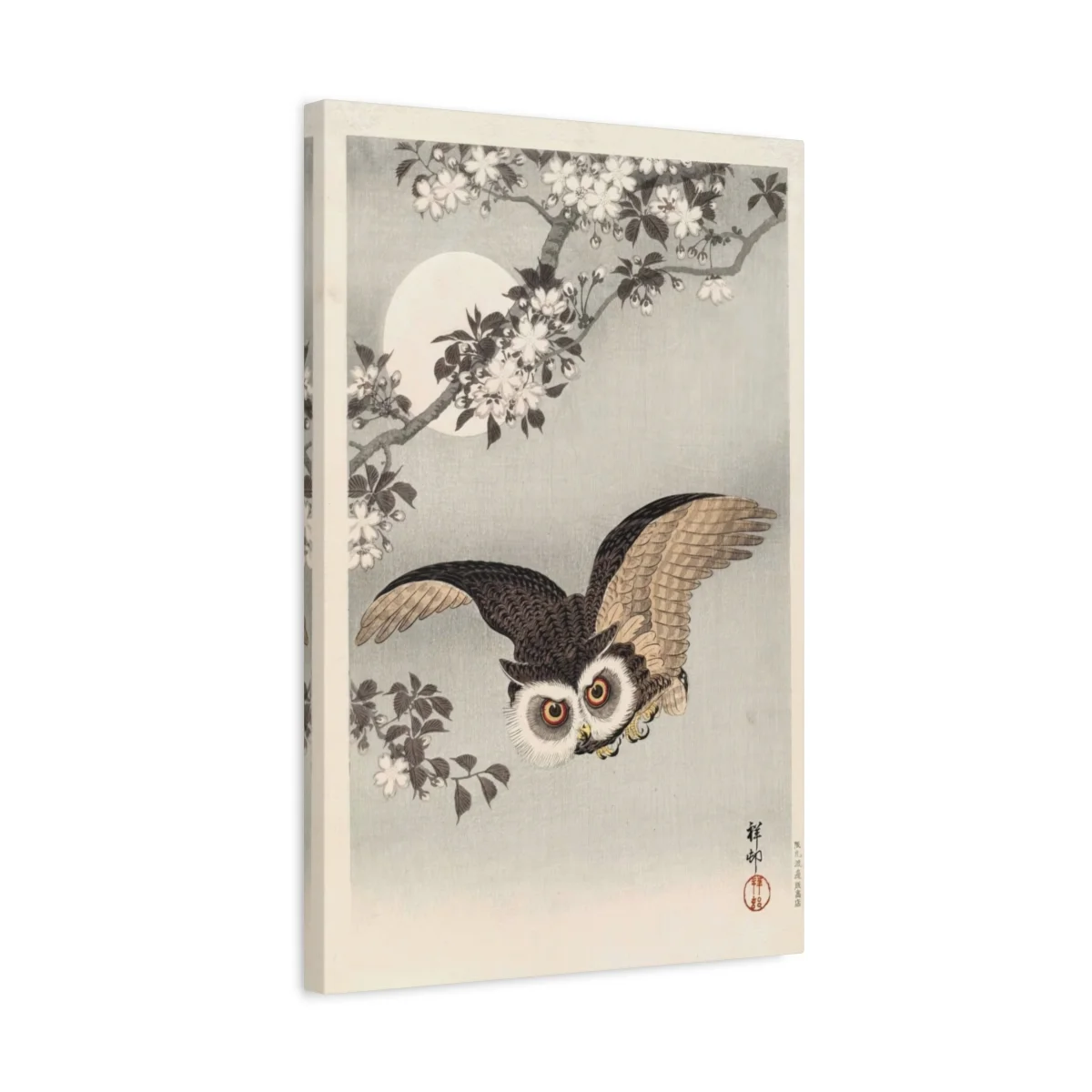 Digital styling mockup of Koson’s Scops Owl, Cherry Blossoms and Moon: canvas detail, 16 by 24 inches.