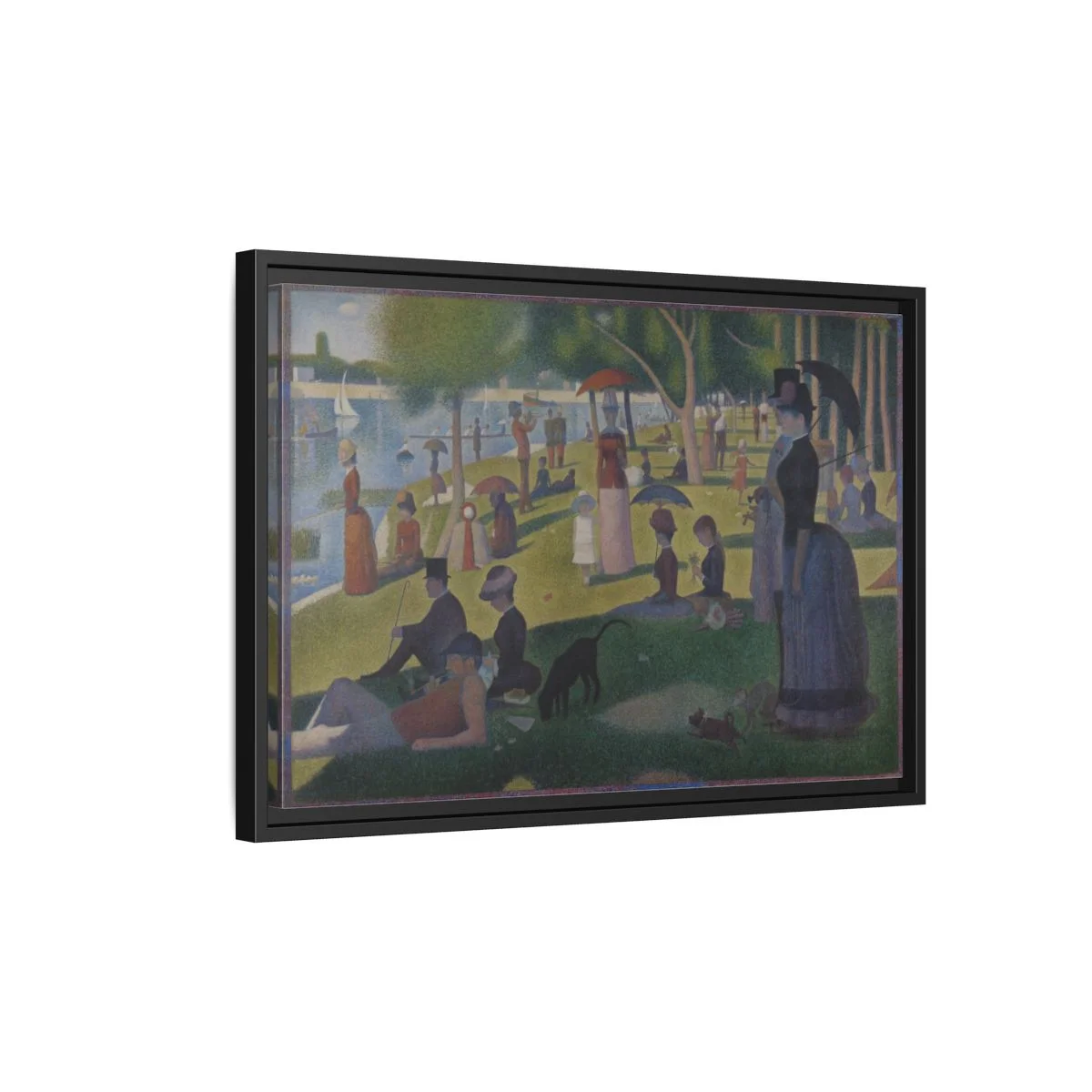 Digital styling mockup of Seurat’s A Sunday on La Grande Jatte: black frame detail, 24 by 16 inches.