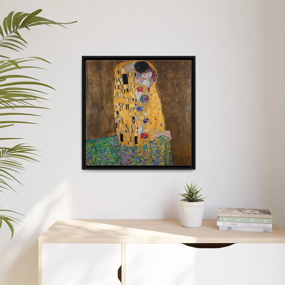 Digital styling mockup of Gustav Klimt’s The Kiss: framed canvas in a room, 24 by 24 inches.