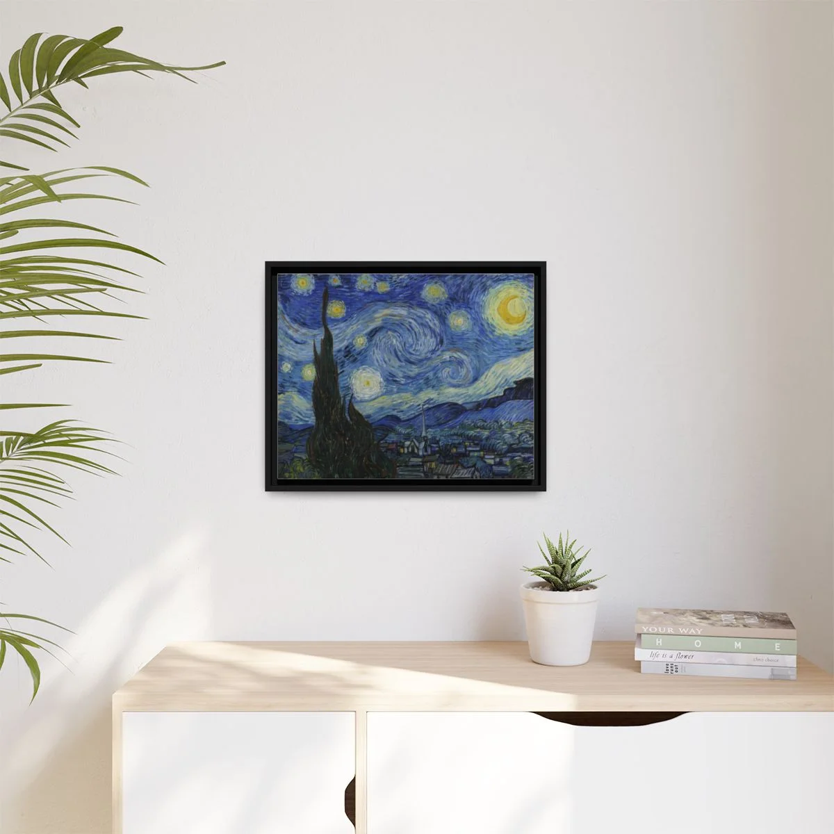 Digital styling mockup of Van Gogh’s The Starry Night: framed canvas in a room, 20 by 16 inches.