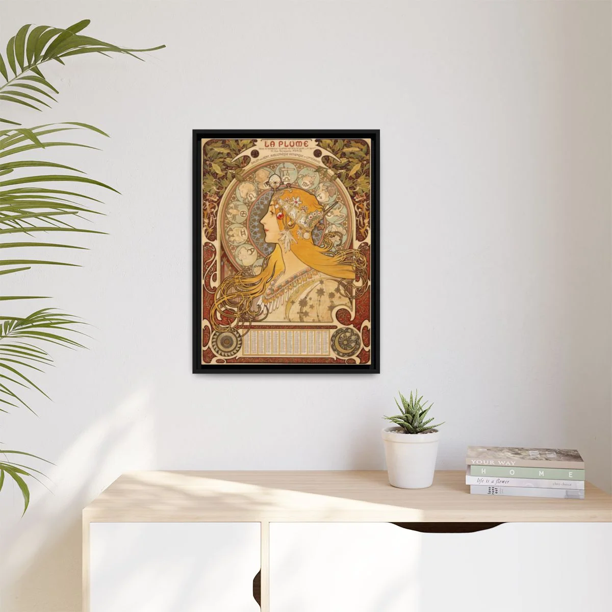 Digital styling mockup of Alphonse Mucha’s Zodiac — La Plume calendar version: framed canvas in a room, 18 by 24 inches.